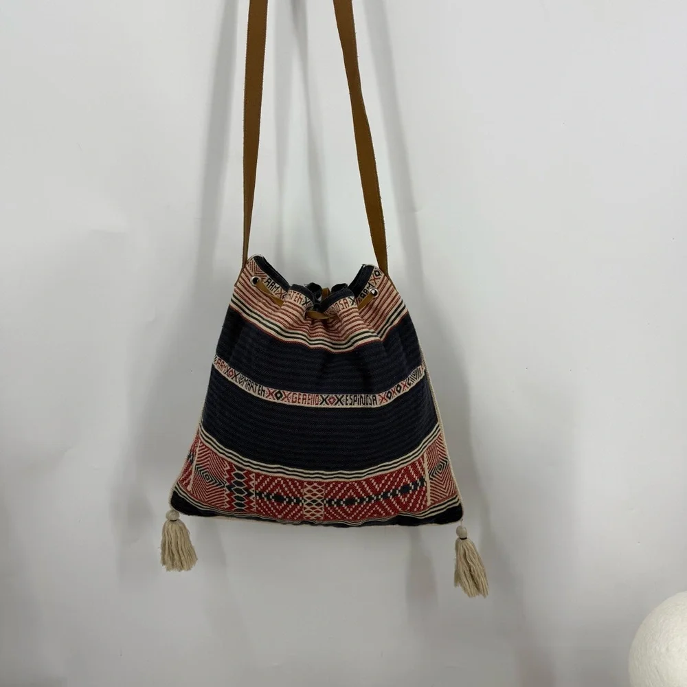 Star Mela vintage 100% cotton with leather strap and tassel bucket Boho bag