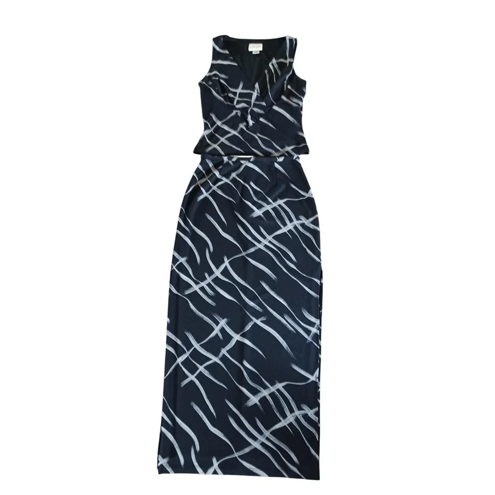 Cache Vintage 2 Piece Maxi Skirt Set Black White Abstract Brushstroke Size 8