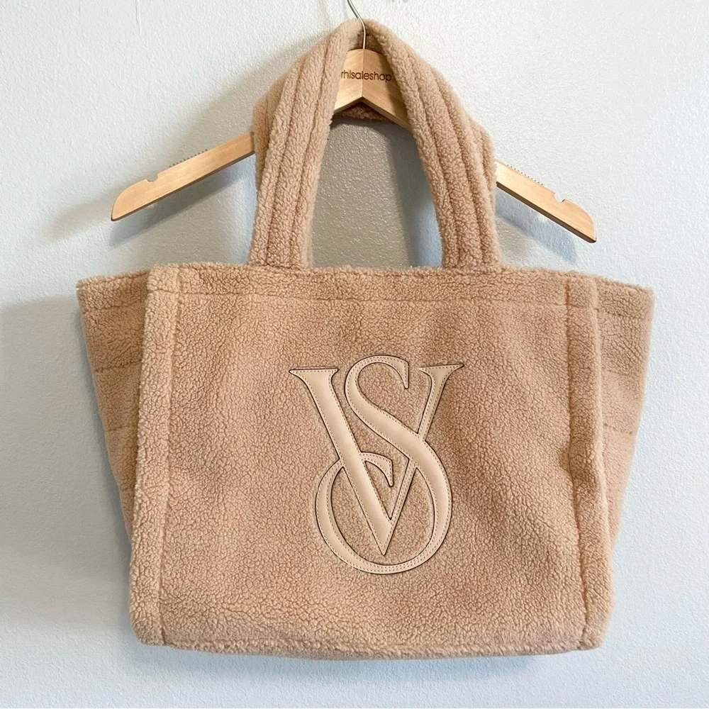 Victoria's Secret Plush Fuzzy Tan Brown Teddy Sherpa Logo Magnetic Closure Tote