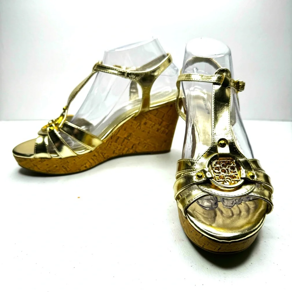 Liz Claiborne Kattie Metallic Gold Platform Cork Wedge Sandals Gold Medallion 9M