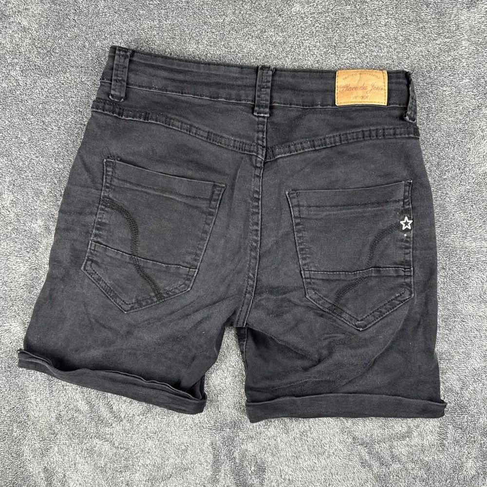Place du Jour Black Denim Cuffed Shorts Button Fly Star Detail Size 36 Mens