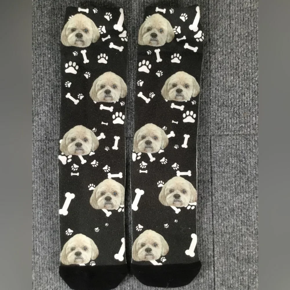 Unisex socks, dog, bones and paw print, black and white