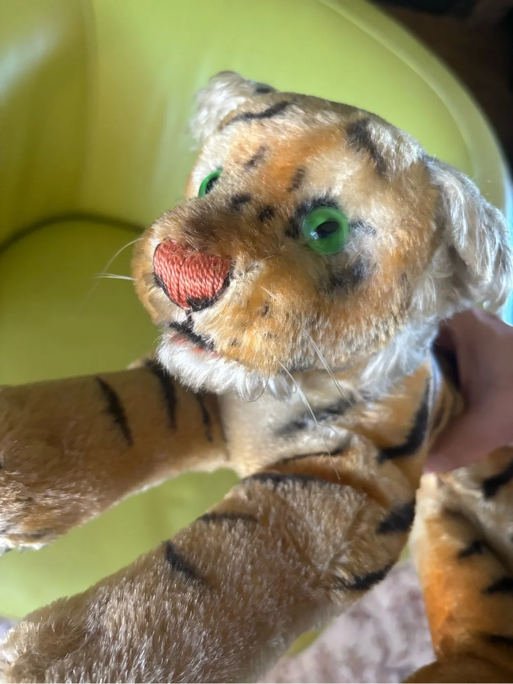 Steiff Vintage Mohair Tiger Stuffed Animal Plush Green Eyes Laying Tiger