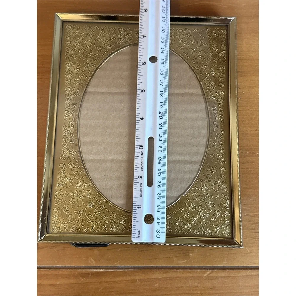 Pair Vtg Gold Tone Metal Picture Frames Embossed Filigree Border Oval Opening