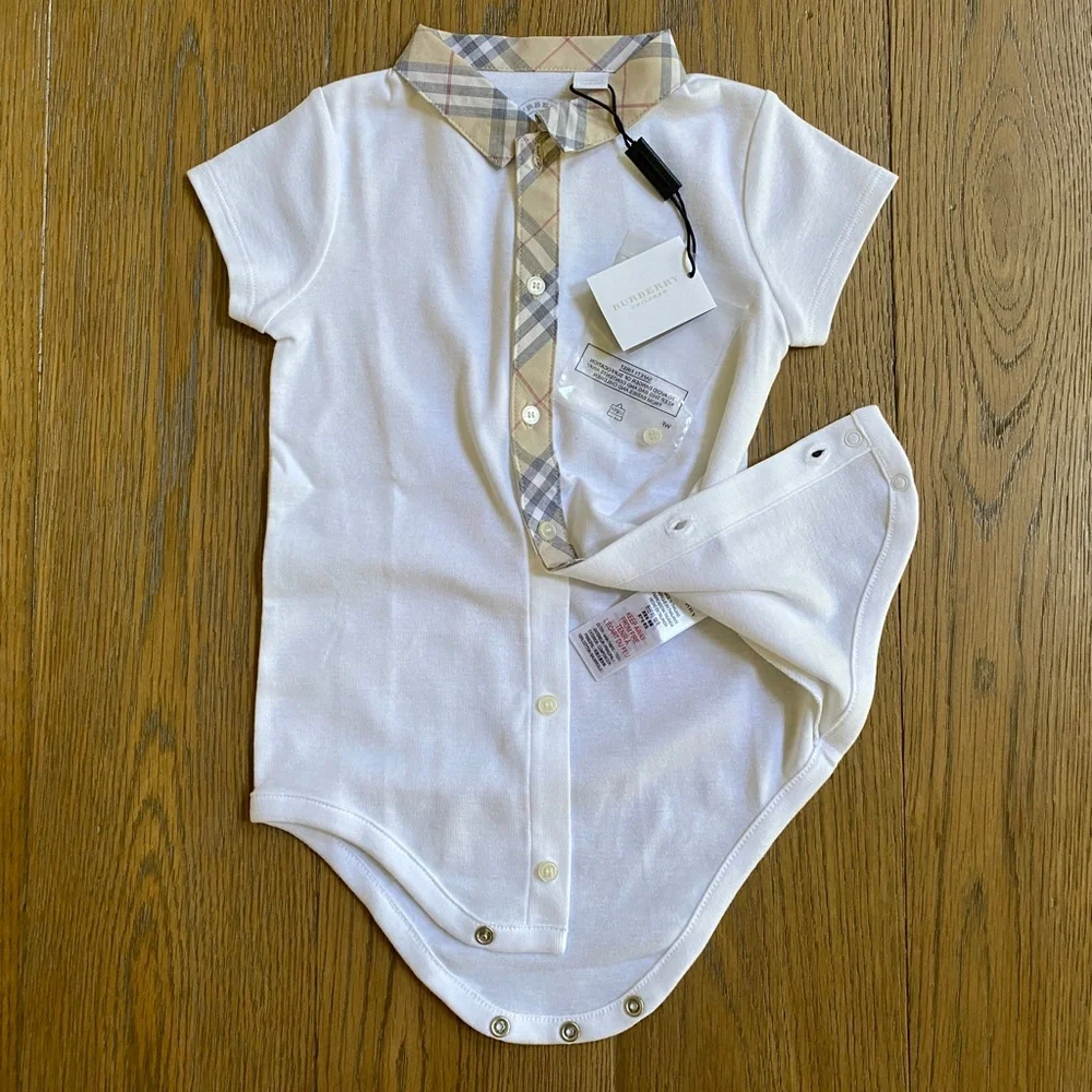 Burberry White Tannar Check-Placket Boys Jersey Playsuit 12M 73/48 New with Tags
