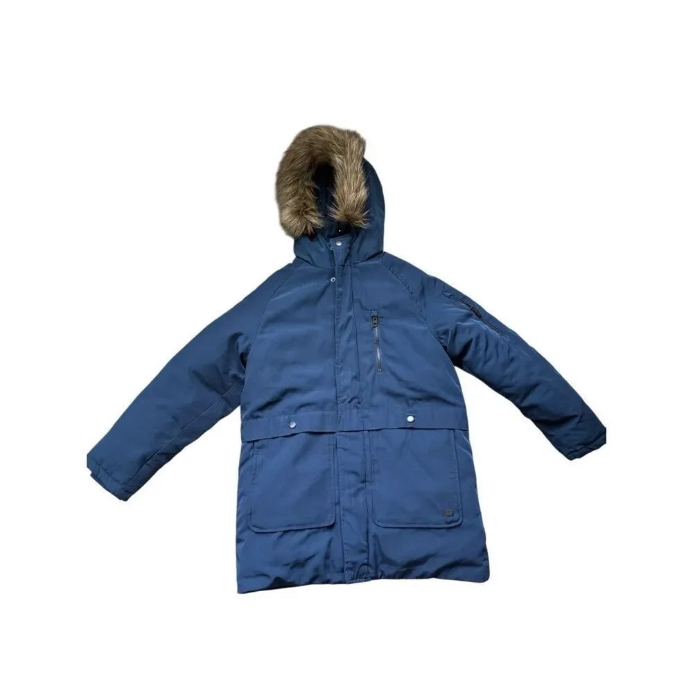 Zara Kids Navy Blue Faux Fur Trim Hooded Full Zip Down Parka Jacket Size 11/12