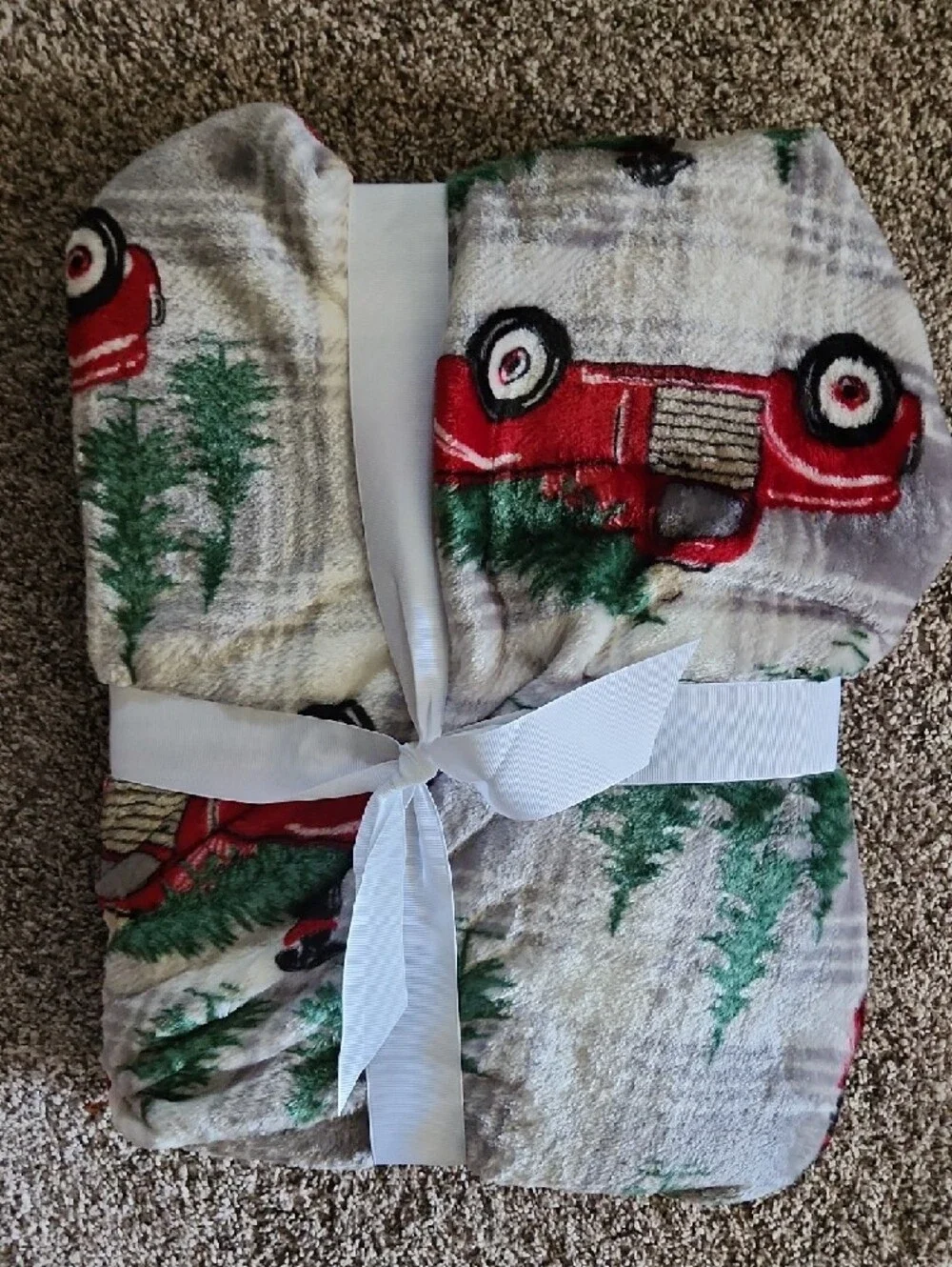 Holiday Plush Throw Blanket 50×60 Plaid With Red Trucks Hauling Christmas Trees