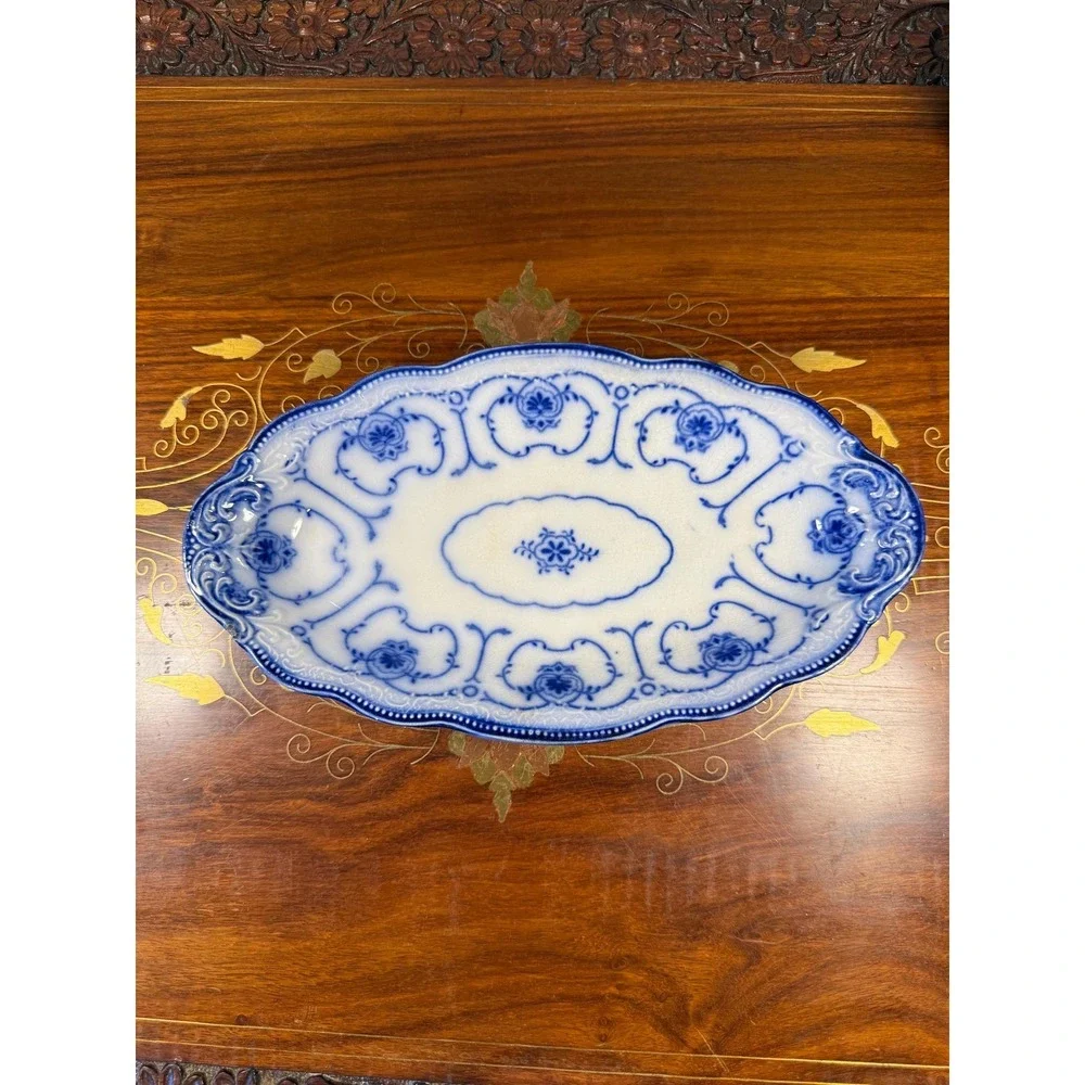 Antique W.H. Grindley Beaufort Flow Blue Dish • Oval Vanity Tray