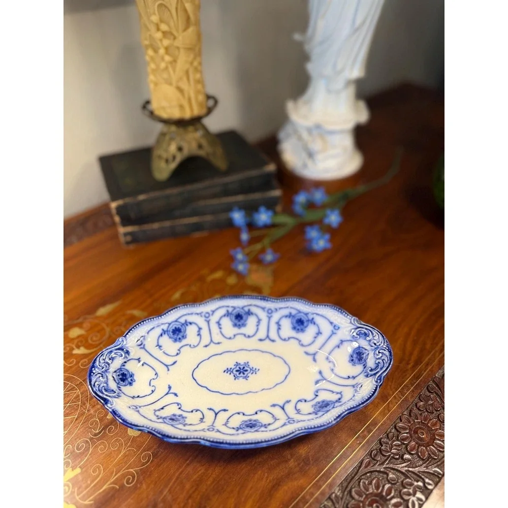 Antique W.H. Grindley Beaufort Flow Blue Dish • Oval Vanity Tray