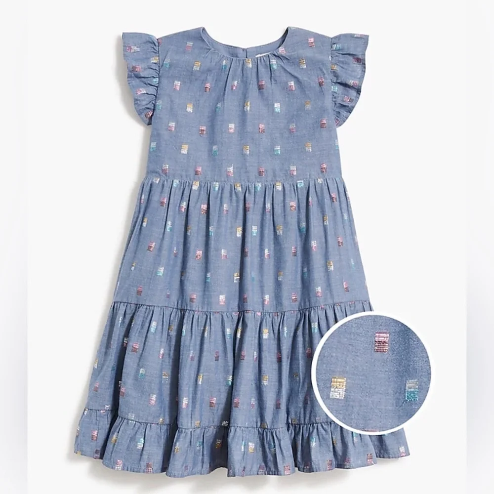 J Crew Crewcuts Girls 8 Blue Chambray Shimmer Clip Dot Dress