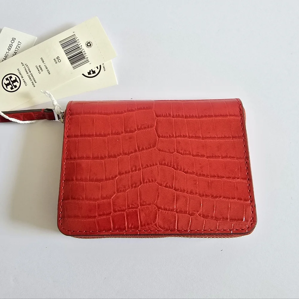 Tory Burch Small Kira Croc-Embossed Leather Zip-around Wallet Red Sky