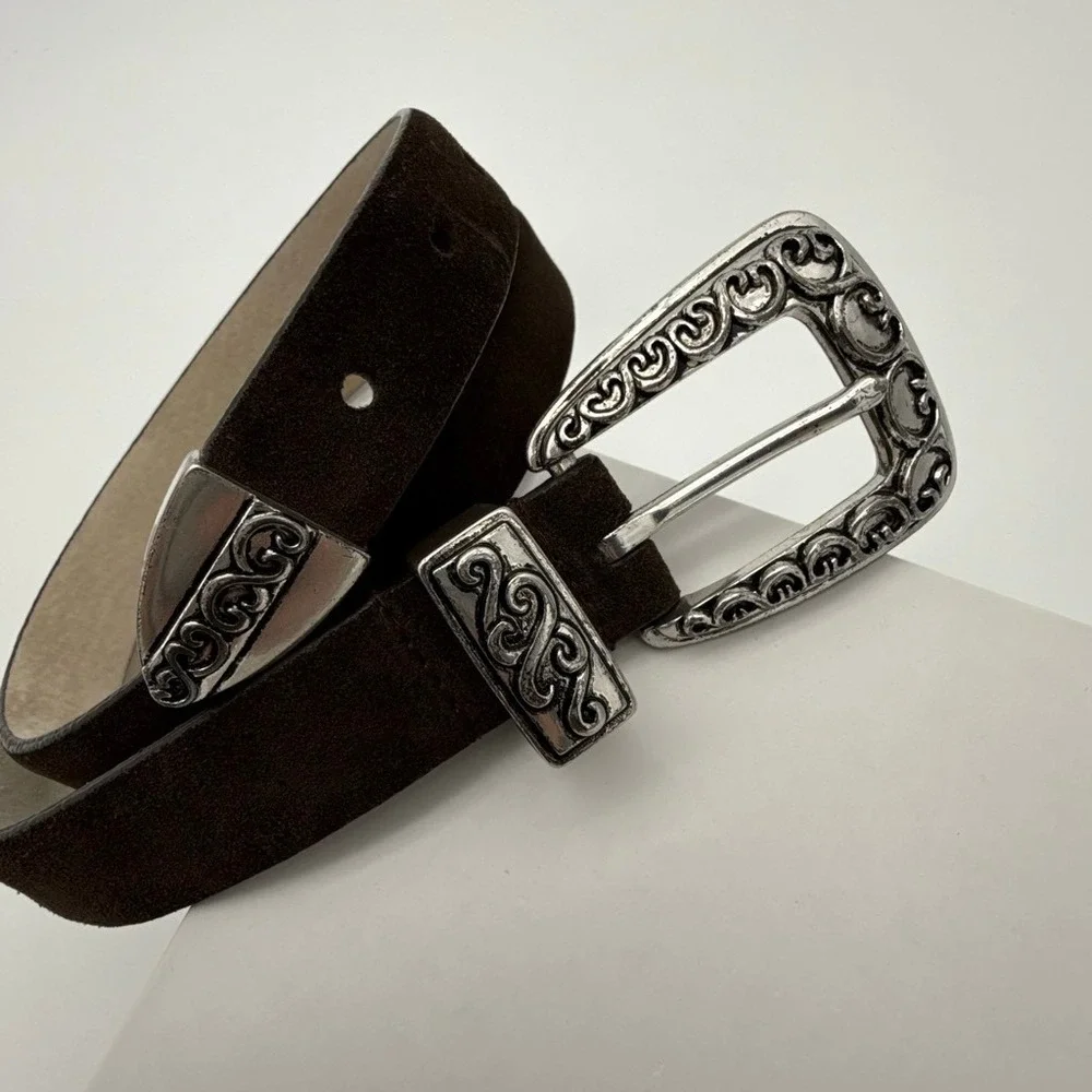 Western Brown Suede Leather Belt Silver Etched Buckle Tip‎ Set Womens ML