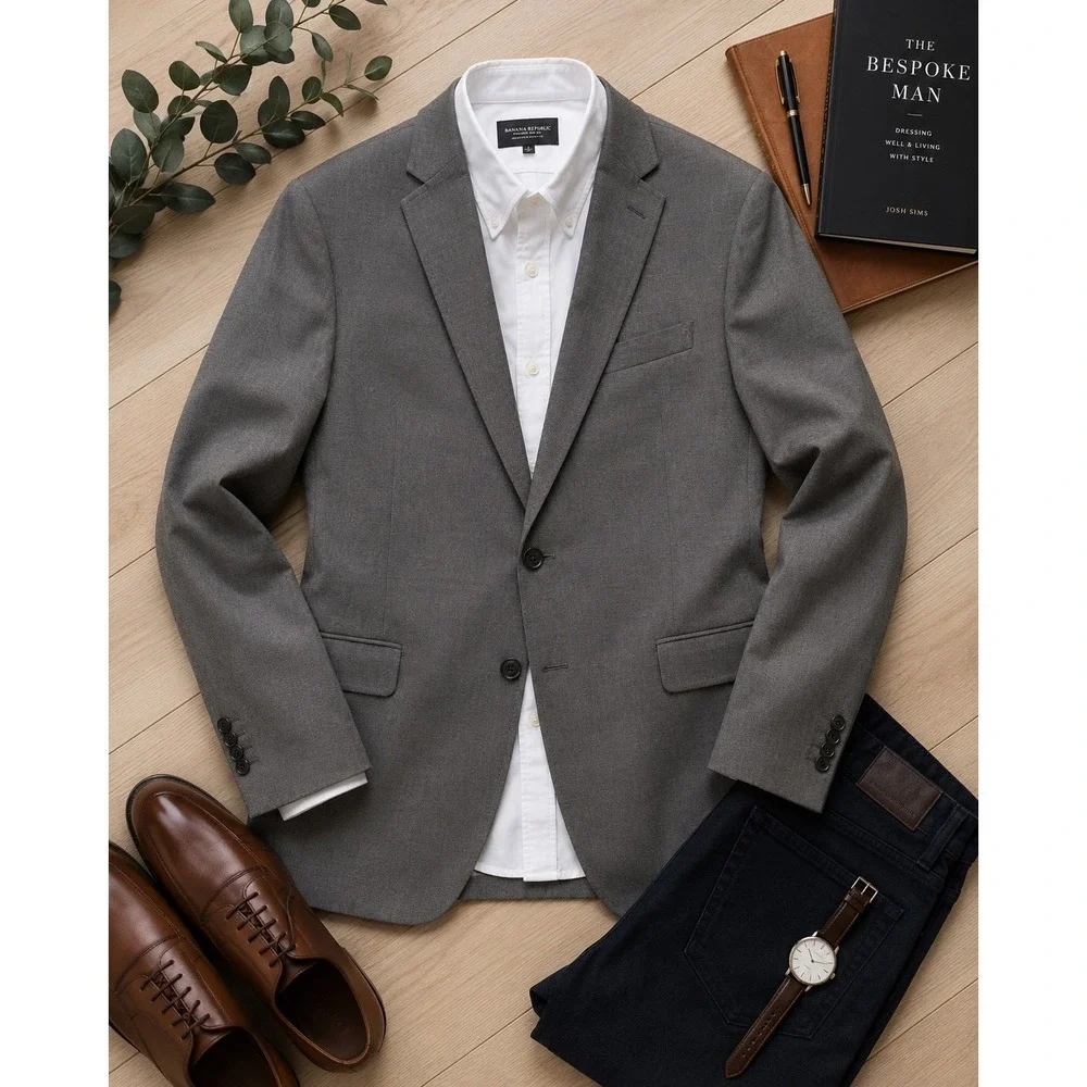 Banana Republic Men's 40R Modern Slim Fit Grey Cotton Blend 2 Button Blazer