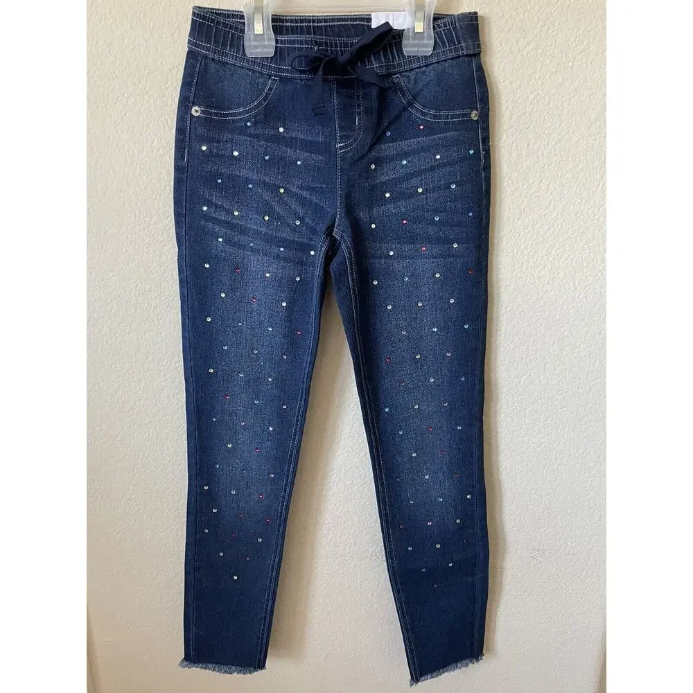 Justice Dark Wash Rhinestones Stretchy Girls Pull On Jean Leggings Pants Size 10