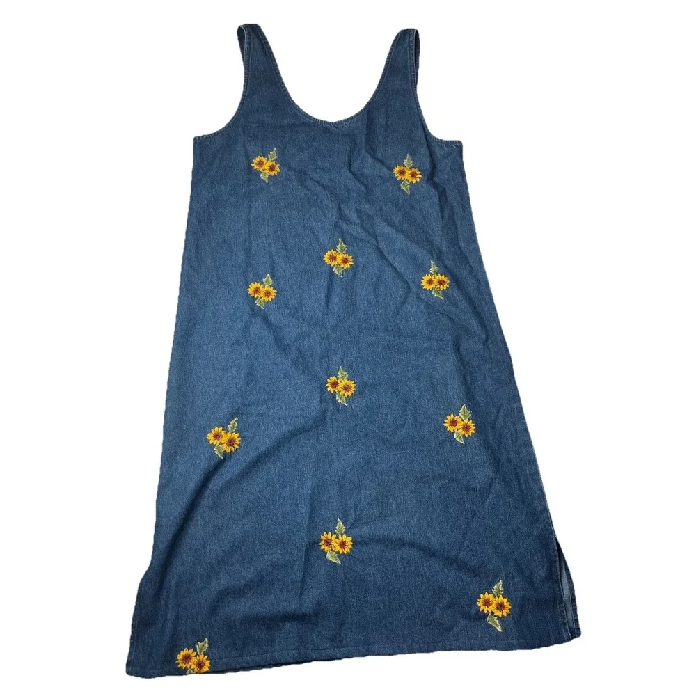 Vtg Floral Embroidered Denim Dress Sunflower Y2K Size Medium Denim Du Jour‎ Jean