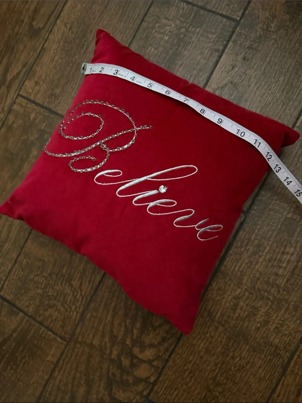14x14 Red Bling Cursive Embroidered Believe Throw Decor Pillow