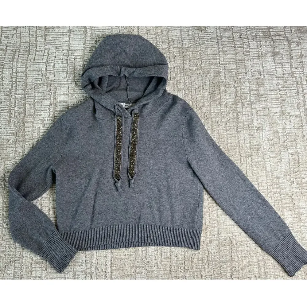 Zara: Slate Gray Knit Rhinestone String Hoodie