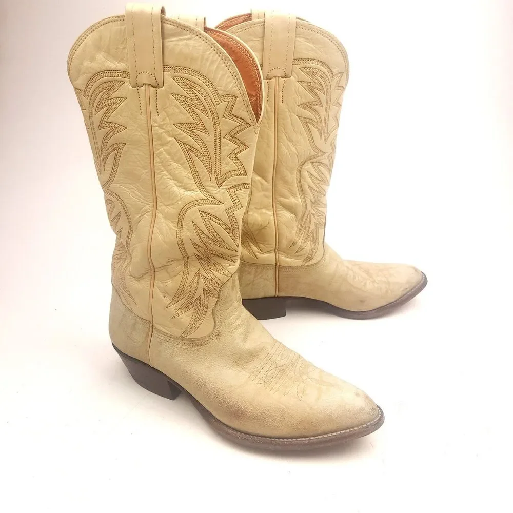 Mens Vintage Nocona Red Label Bone Color Exotic Cowboy Boots 9 D USA Made