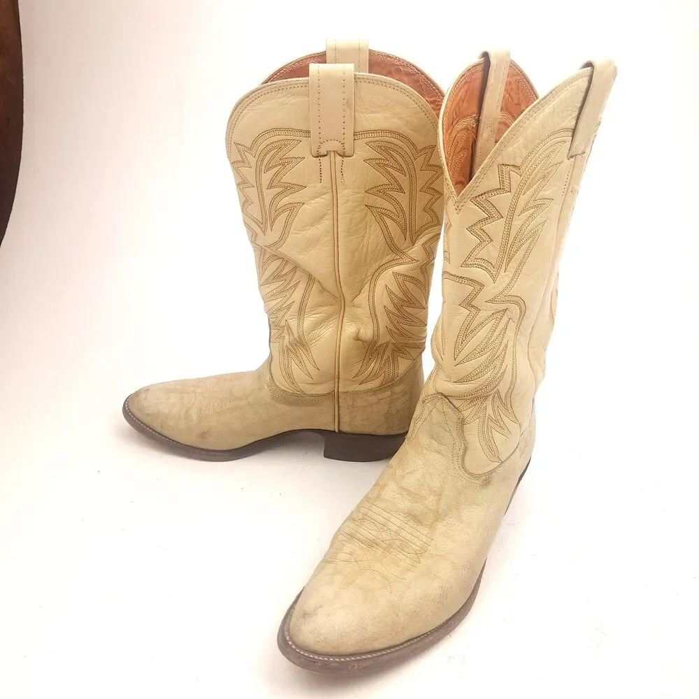 Mens Vintage Nocona Red Label Bone Color Exotic Cowboy Boots 9 D USA Made