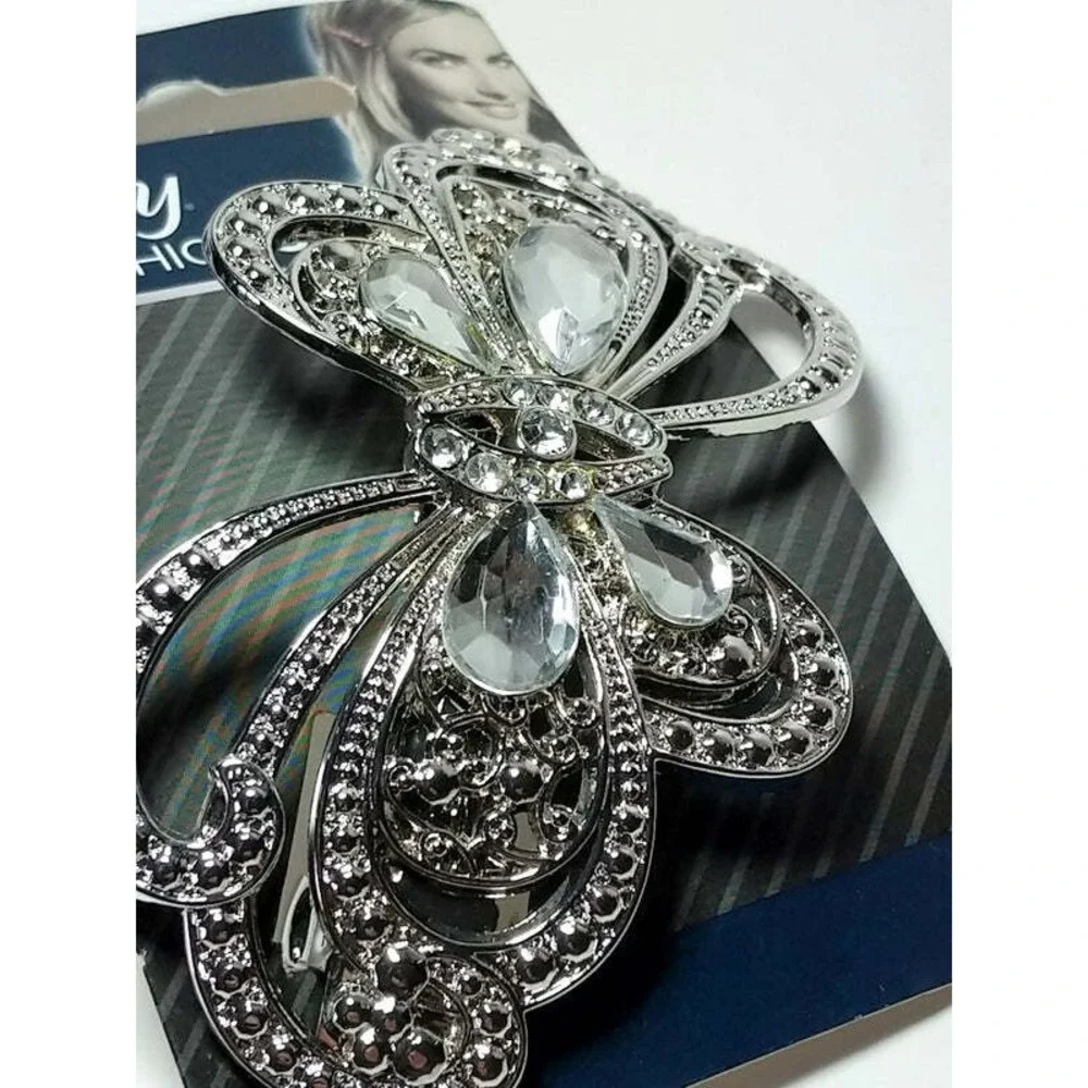Goody Hair Barrette Fashionow Metal Butterfly Clip Faux Diamonds Gems Silver
