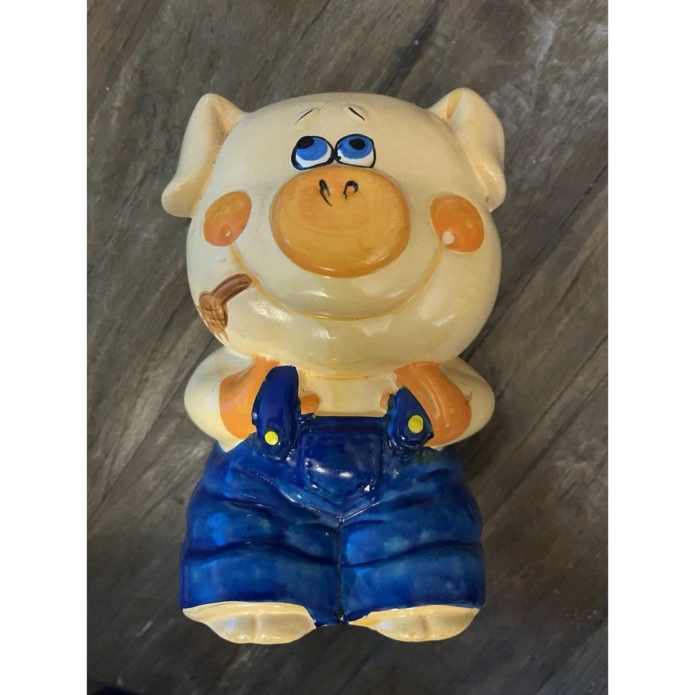 Vintage Chalkware Pig Piggy‎ Bank – Hand-Painted Pig in Blue Jean Overalls
