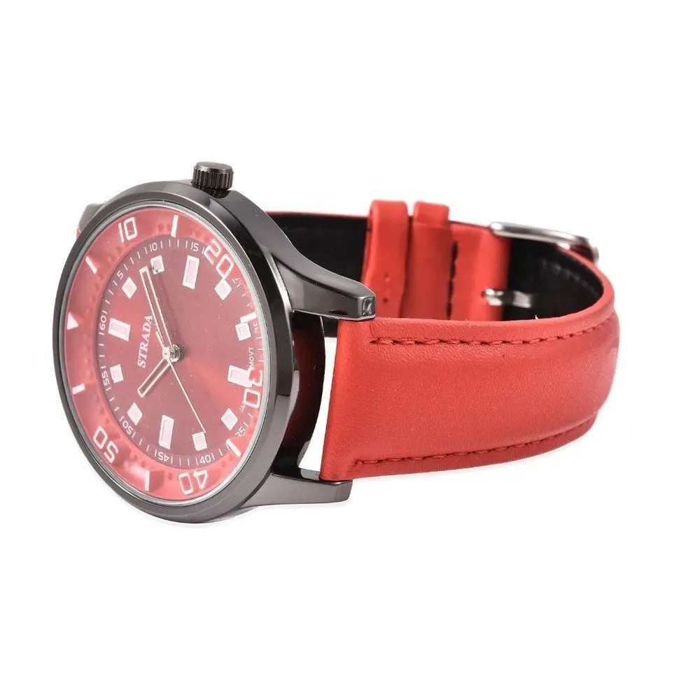 STRADA  Watch with Red Faux Leather Band and Stainless Steel Back