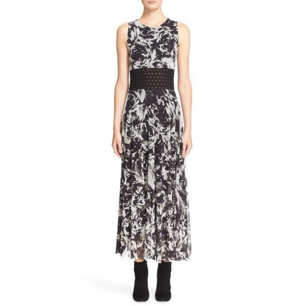 Fuzzi Cut-Out Sheer Waist Maxi Dress (Sz XL) Floral Print Black White Tulle