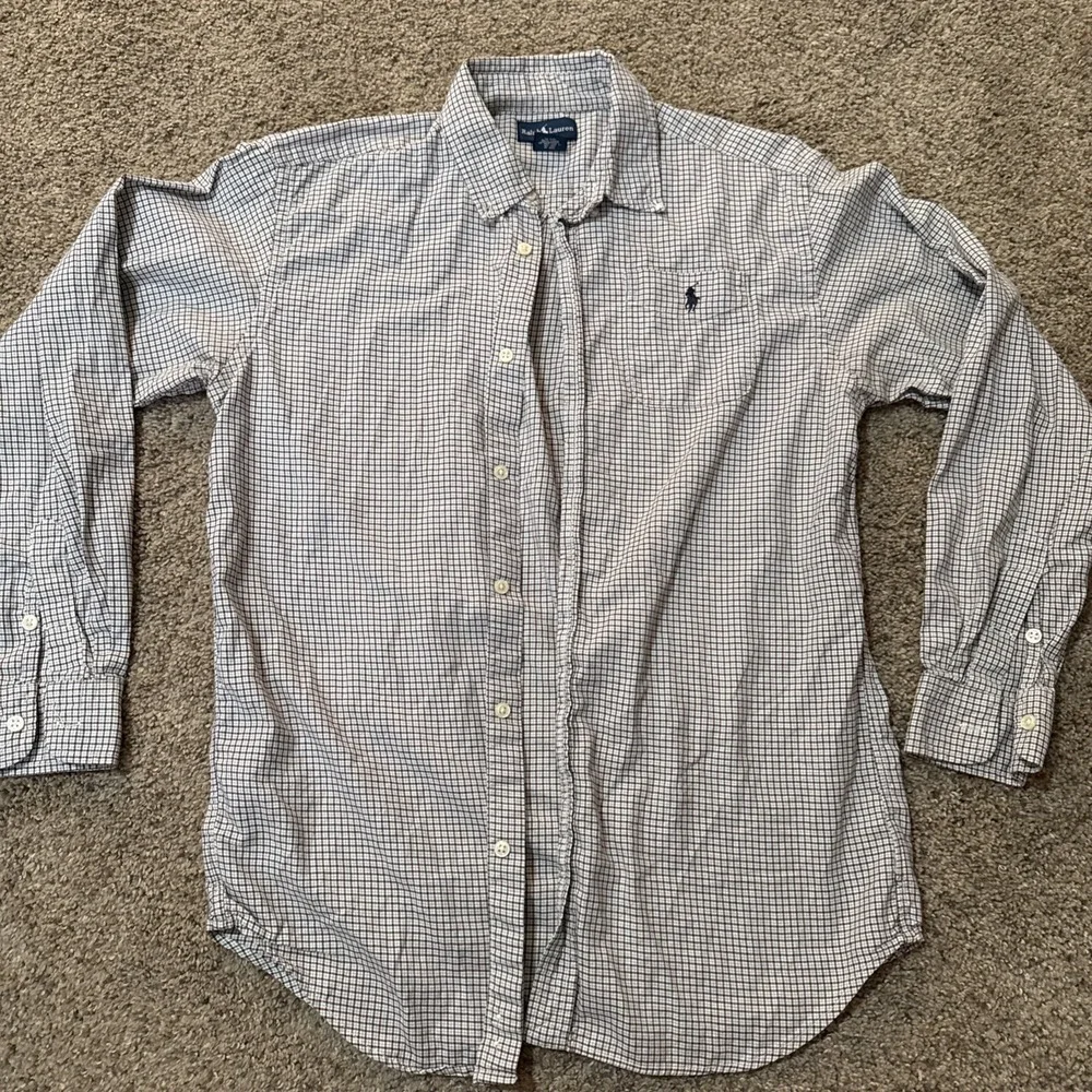 Polo Ralph Lauren Dress Shirt Boys XL 20‎ Blue Beige Plaid Blake Button Up