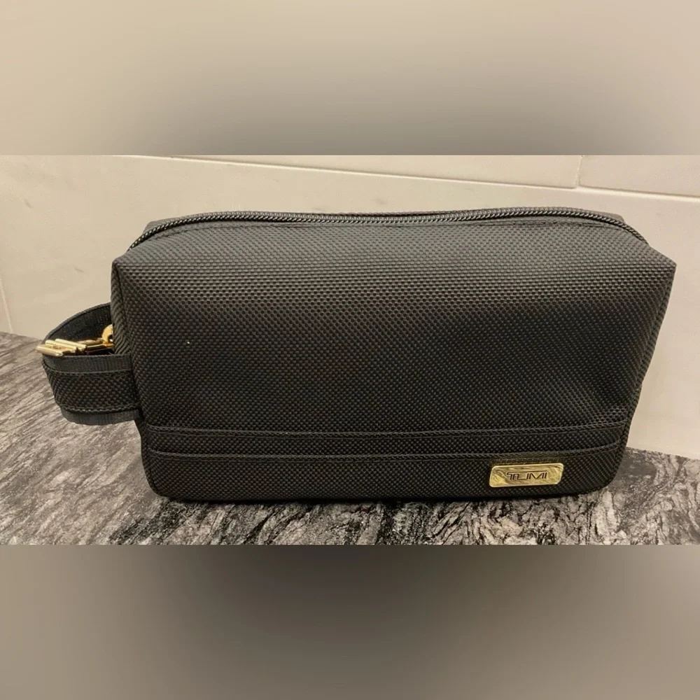 NEW - TUMI Zippered Small Kit - 4”x7” Pouch - Cosmetic Bag - BLACK with GOLD