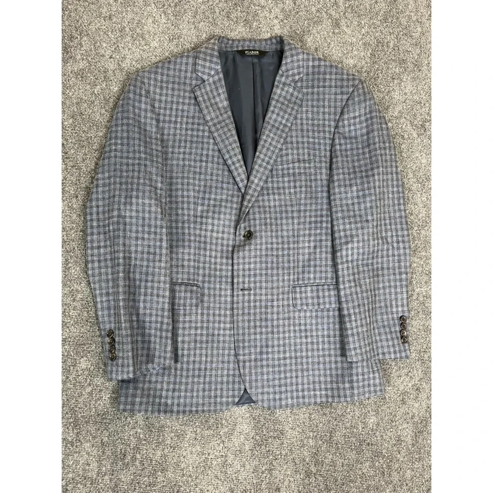 JO S A Bank Mens Wool Silk Linen Plaid Sport Blazer Gray Tailored Fit Size 44R
