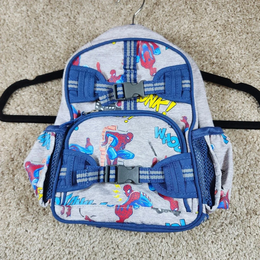 Pottery Barn Kids Backpack Spider-Man Comic Print Gray Blue Buckle Straps Small