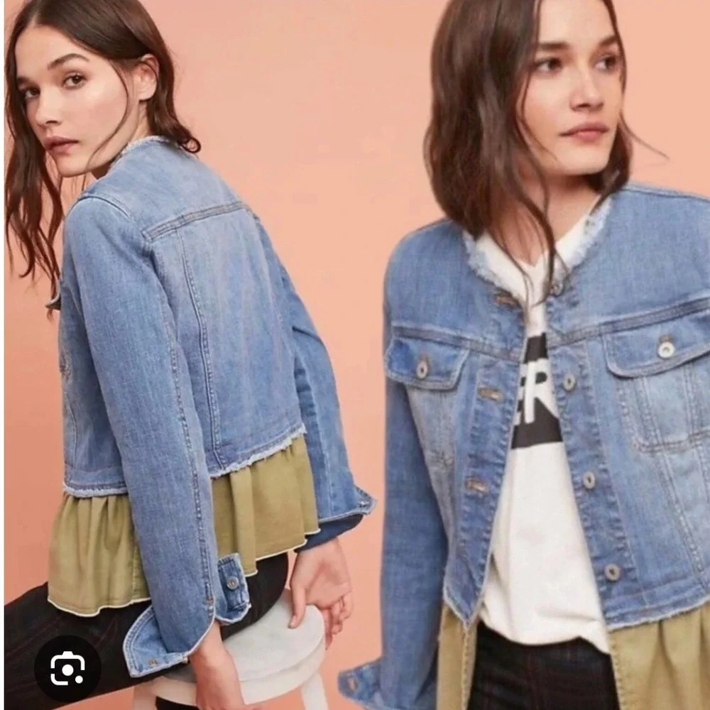 Pilcro‎ and the Letterpress Small Denim Jacket Olive Green Ruffle Hem Womens
