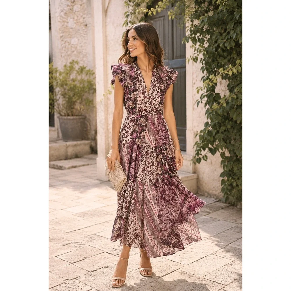 Ulla Johnson Asis Midi Dress Cotton Silk Batik Floral Tiered Purple Fuchsia 0