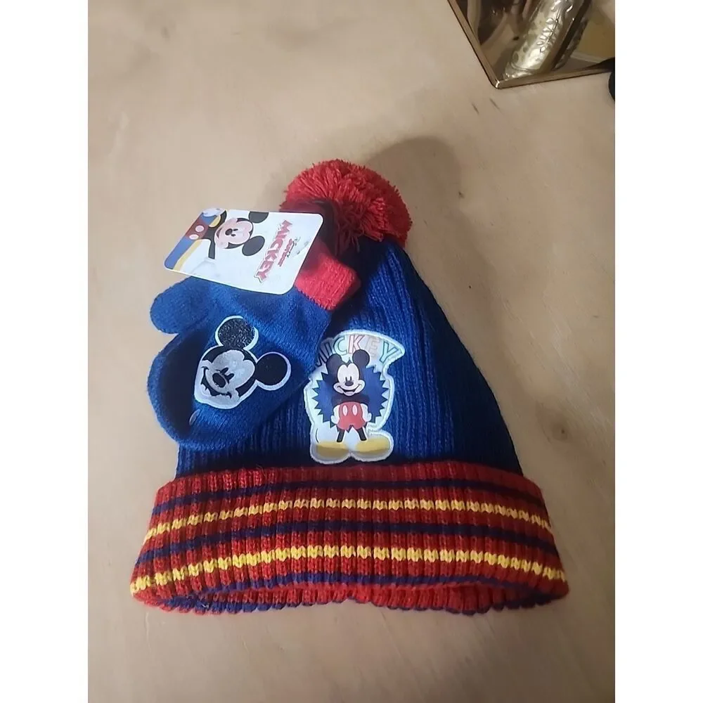 Mickey Mouse Disney Jr Blue Knit With Pom With Gloves Youth toddler NEW With Tag