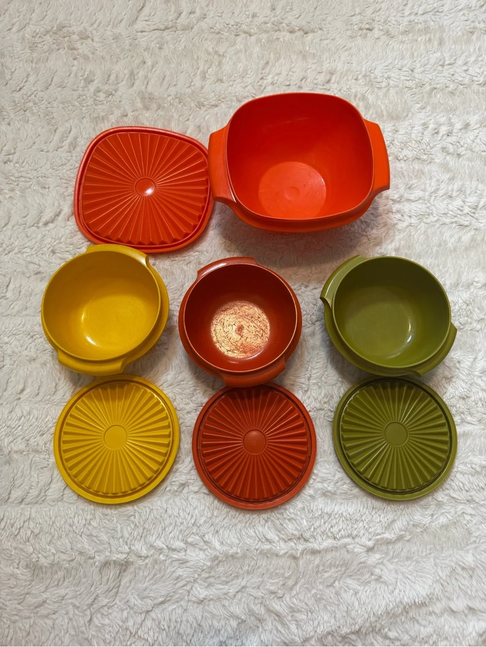 Vintage 70s Tupperware Servalier Bowls Sunburst Lids Harvest Colors Set of 4