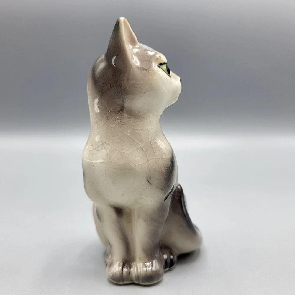 Vintage Ceramic Cat Kitten Figurine Gray Siamese Glossy Finish Shelf Decor