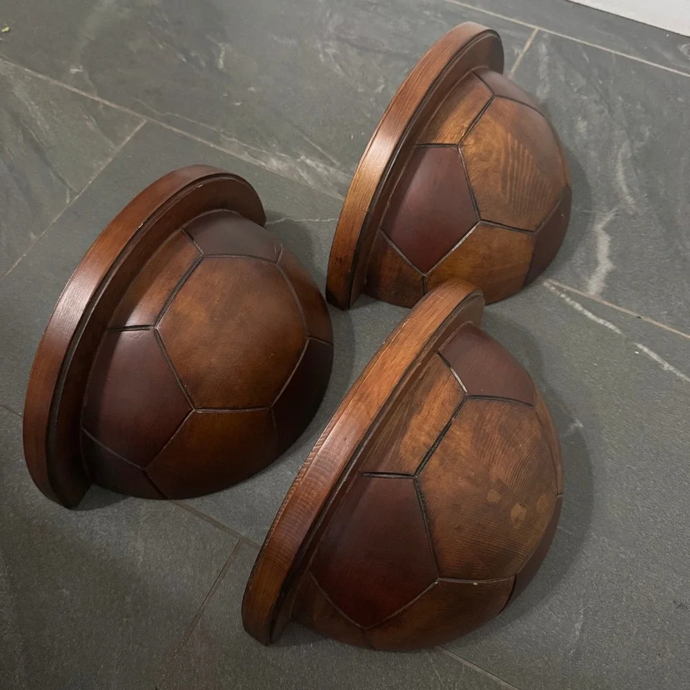 Pottery Barn Set of 3 Wooden Soccer Ball Floating Wall Shelves Brown