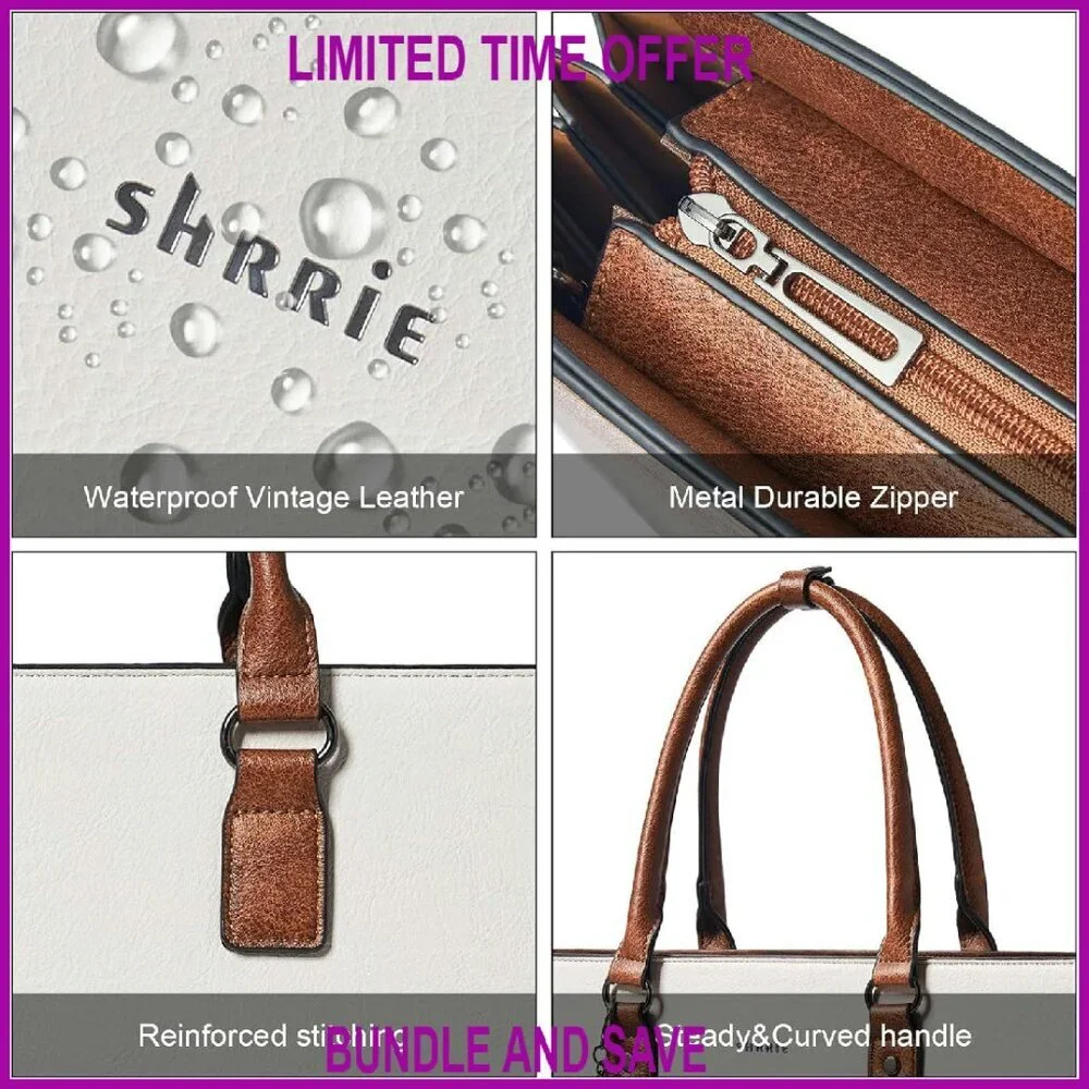 Waterproof Leather Tote Bag for 16 Inch Laptop, Vintage Style