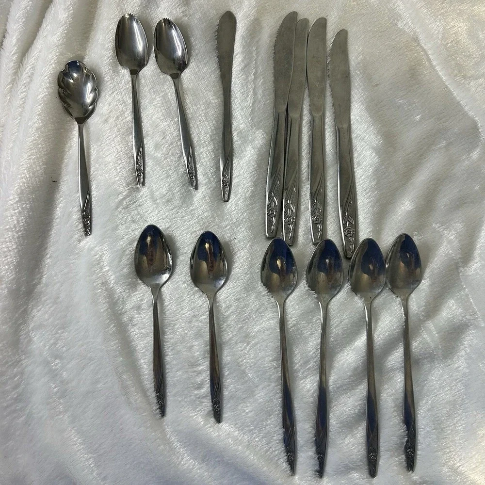 Vintage American Stainless USA 'IS'  14 Piece Lot Of Floral Design Dinner Wear
