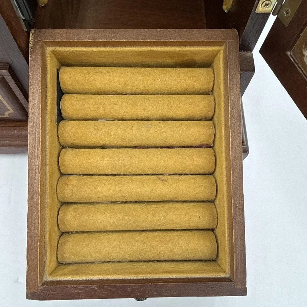 Vtg Jewelry Music Box Chest Etched‎ Glass Doors Drawer Armoire Wooden