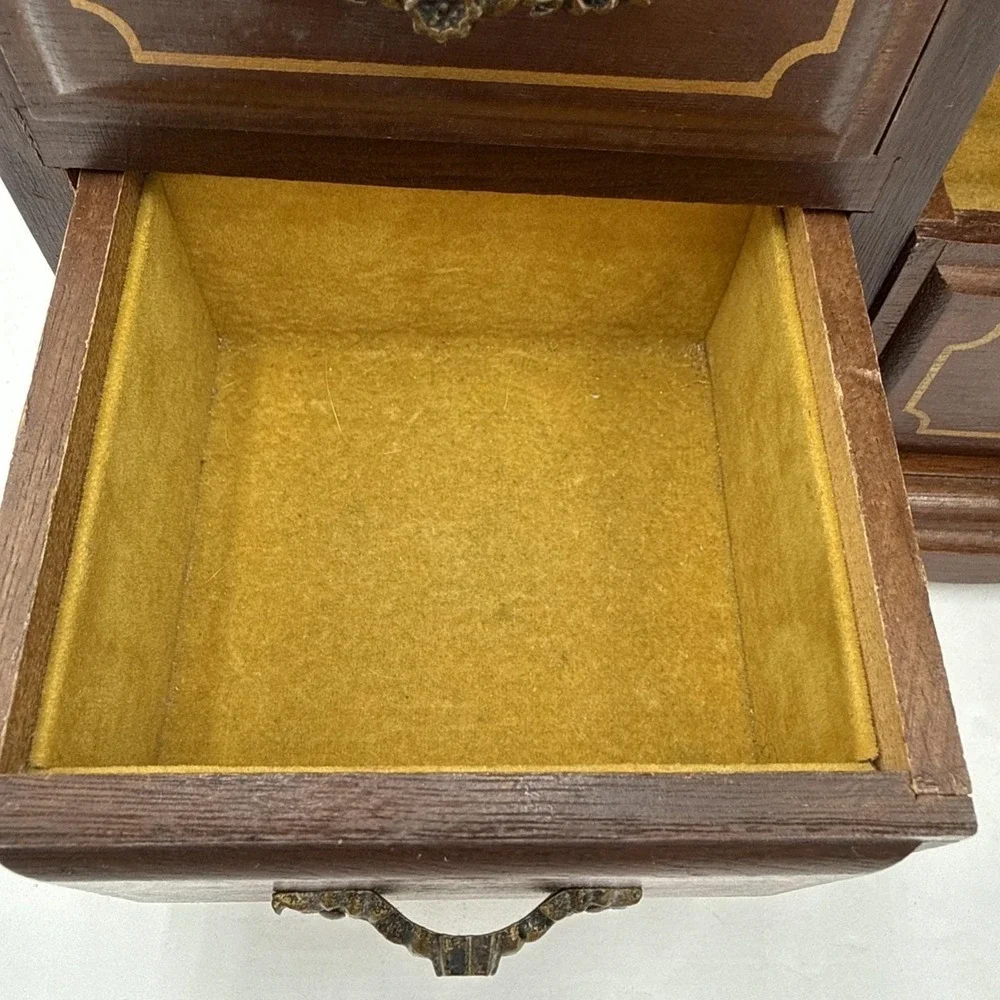 Vtg Jewelry Music Box Chest Etched‎ Glass Doors Drawer Armoire Wooden