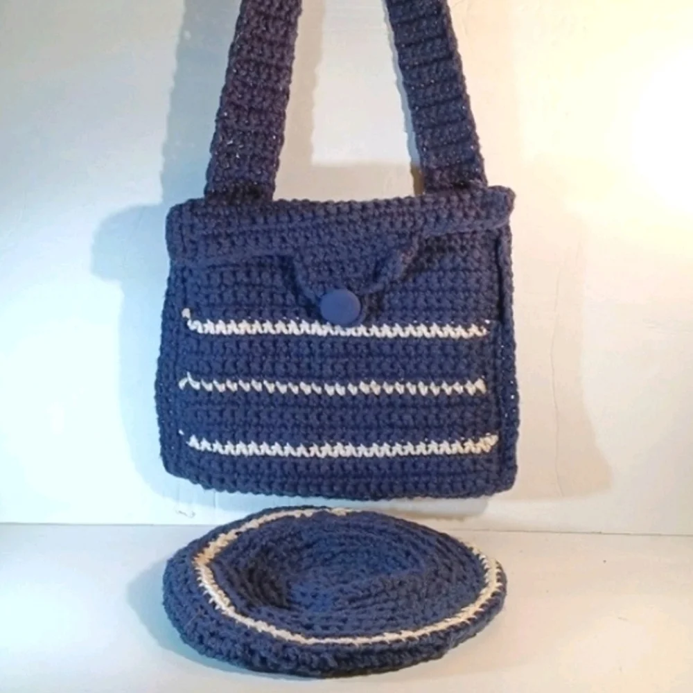 Blue and White Knit Beret with Matching Shoulder Bag