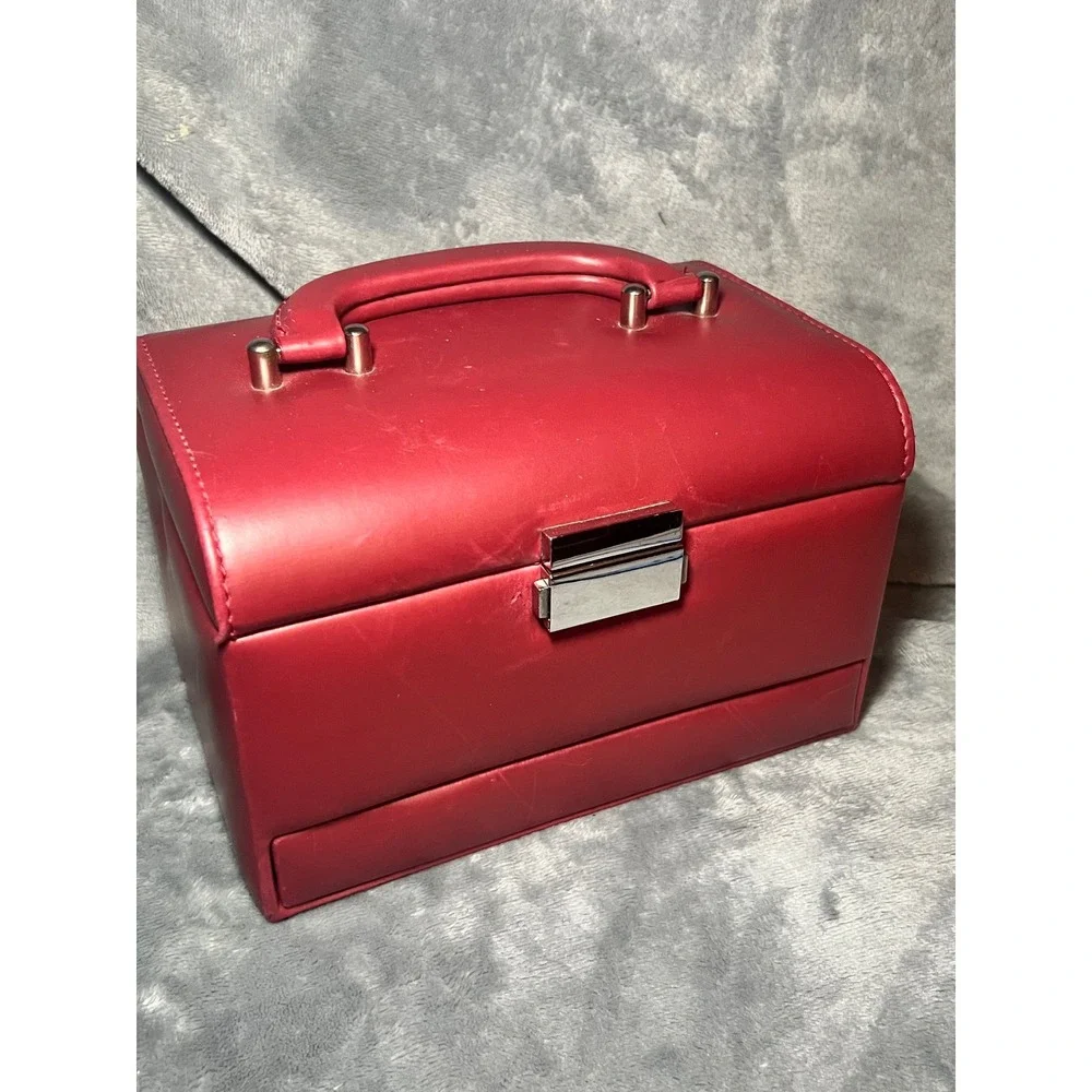 Vintage Red‎ Faux Leather Jewelry Box Case With Handle Tray Drawer 9 Inch