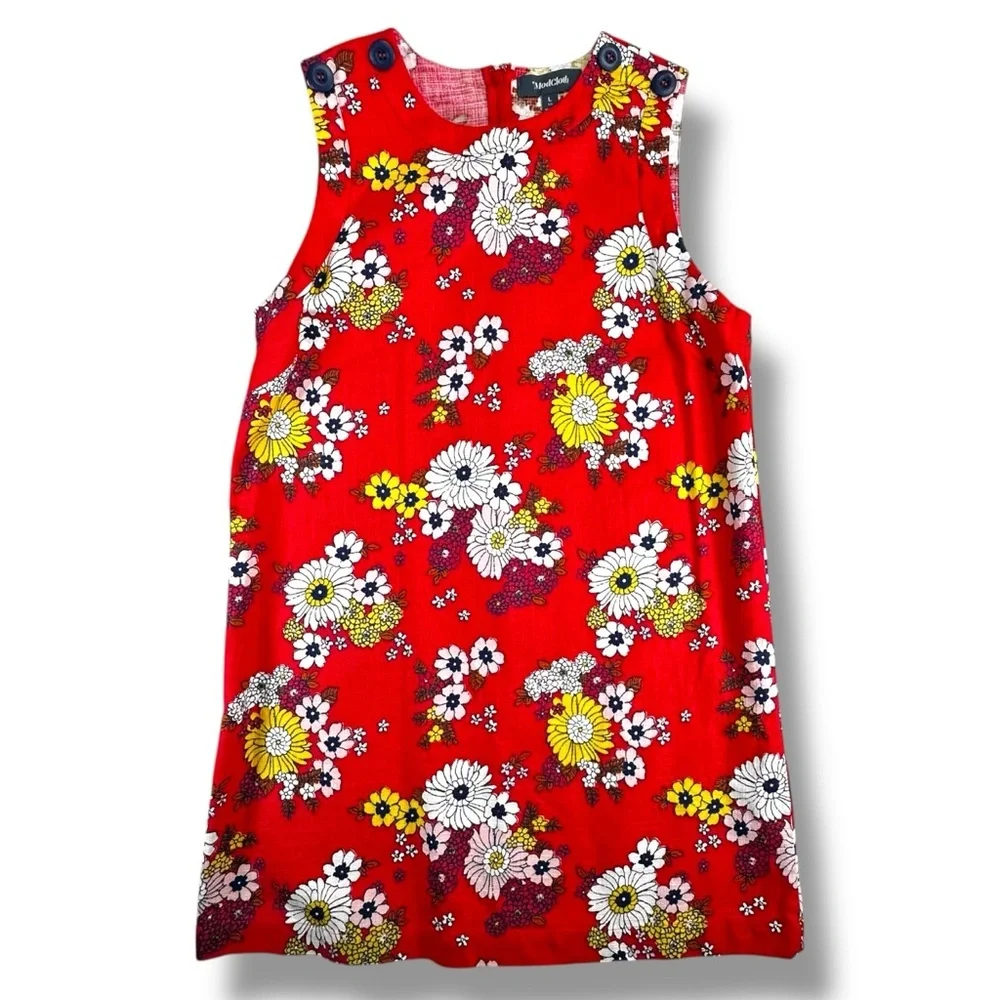 ModCloth Red Floral Sleeveless Shift Dress 100% Cotton Size L Shoulder Buttons