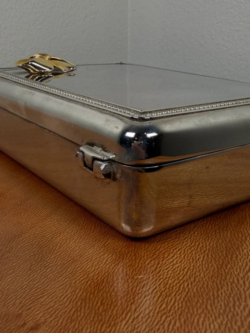 Vintage Silver Plated Jewelry Box w/ Gold Colored Bow Blue Velvet Lined
