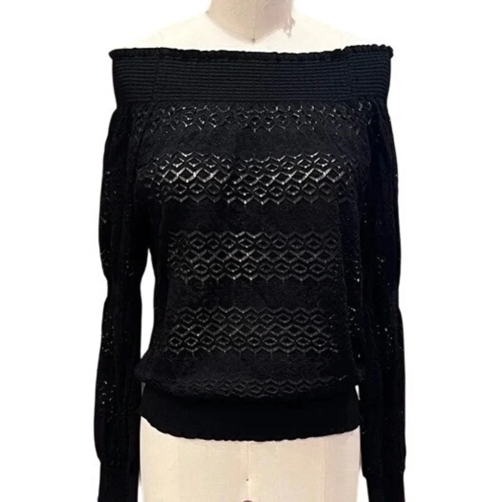 (B6) Zara Black Pointelle Lace Off the Shoulder Smocked Knit Top Small NWT