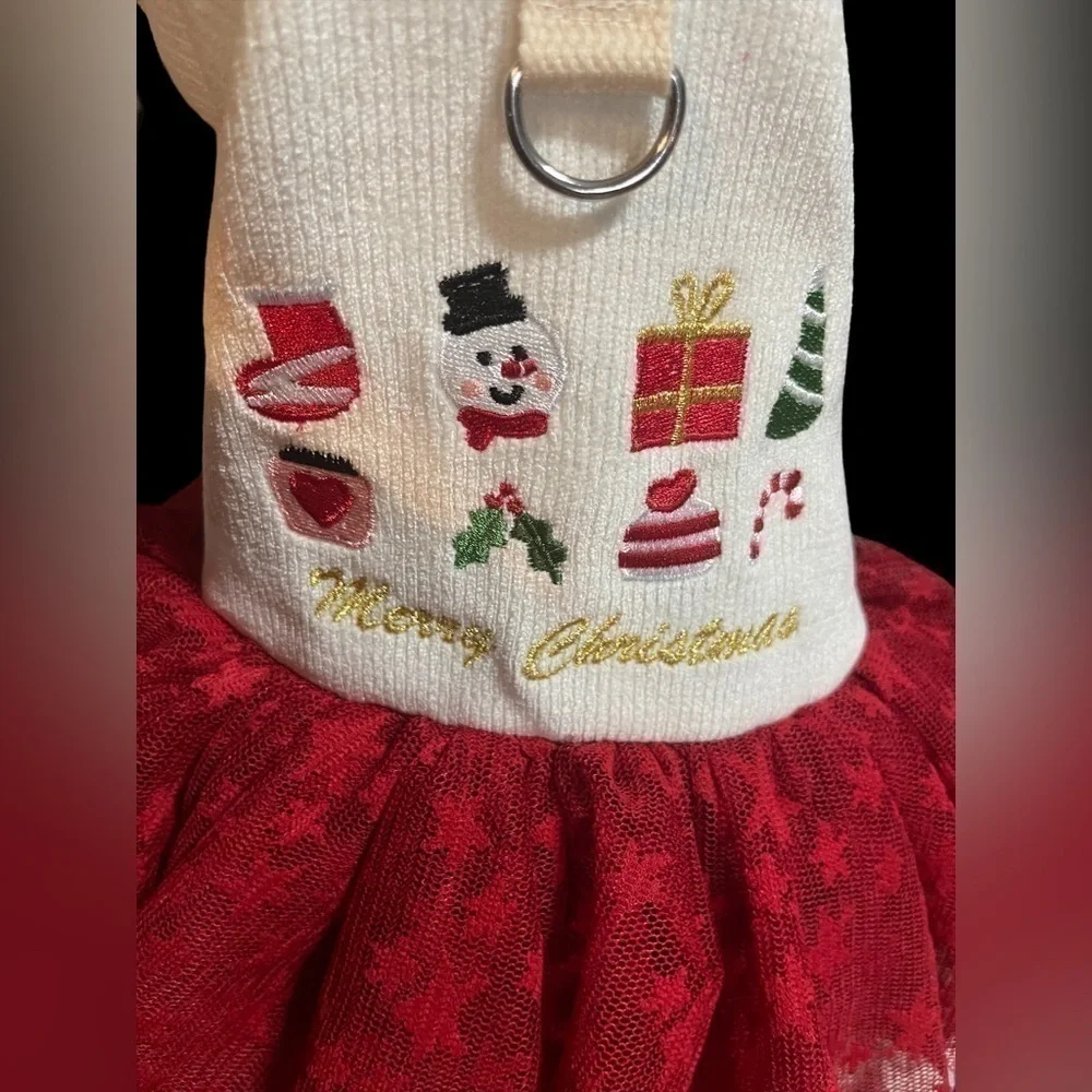 Christmas Puppy Dog Dress Lace Tulle Bottom Leash attachment Beige Red Small