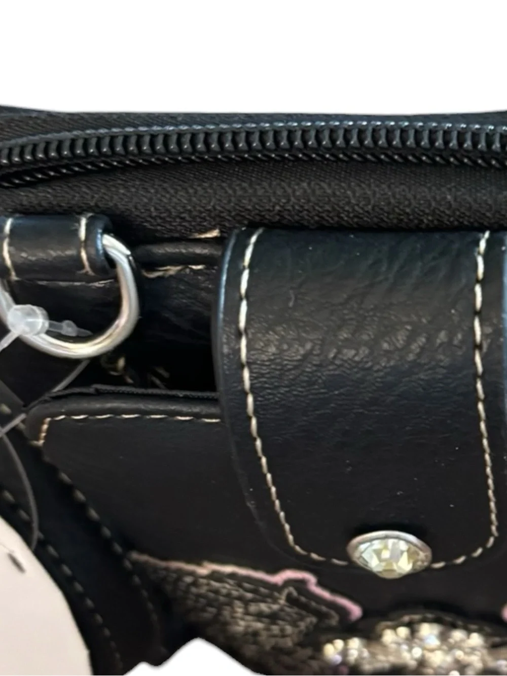 Black Vegan Leather Crossbody Phone Pouch Winged Crystal Cross Accent Wristband