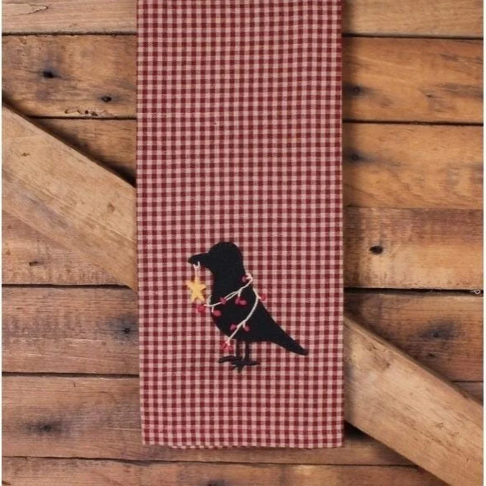 Primitive Crow and Berries Newbury Gingham Red Plaid Linen Towel 18x28