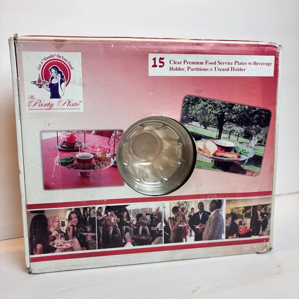 The Party Plate 15 Clear Premium Party Plates w/Drink Holder NEW Superbowl Party